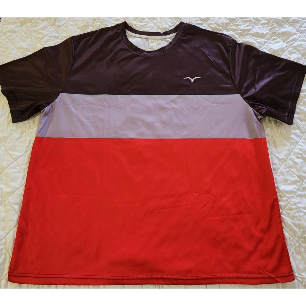 TEMU MEN'S COLOR BLOCK (DARK PURPLE, LILAC & RED) TEE WITH BIRD LOGO PRINT